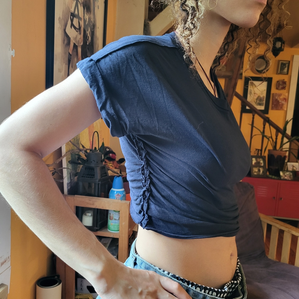 Free People Blue Ruched Crop T-Shirt